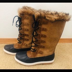 Brown and navy lace up boots